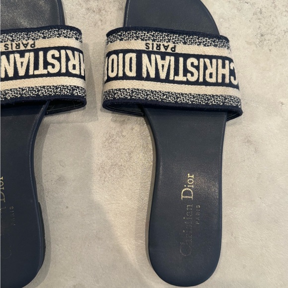 Dior Dway Slide Sandal Deep Blue Embroidered Cotton Logo open toe size 39 - Picture 9 of 13
